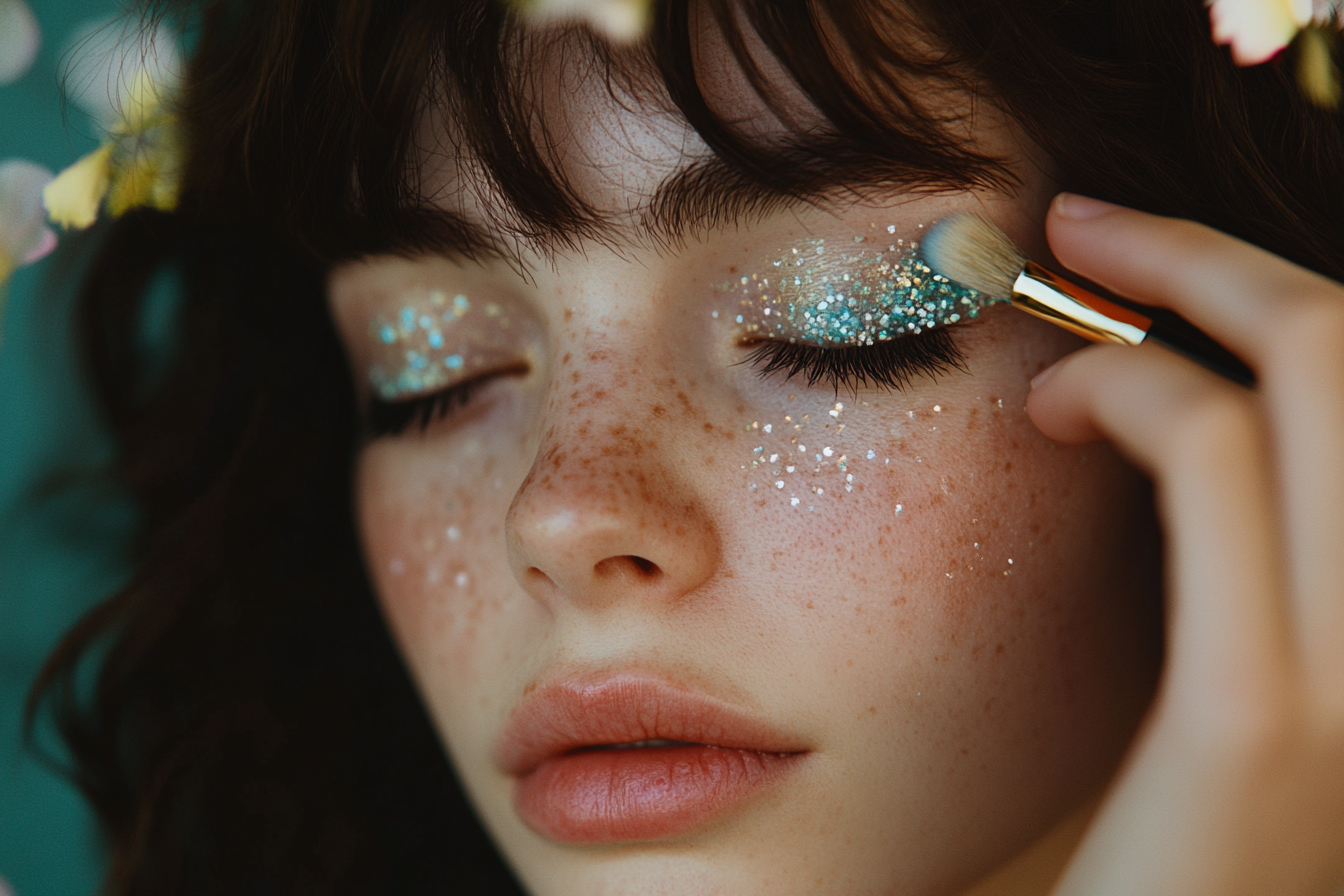 Modelo aplicándose purpurina en el rostro.